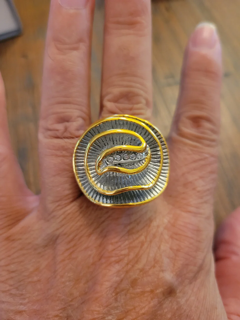 Gold and Silver Swirl Statement Ring with Crystal Accents